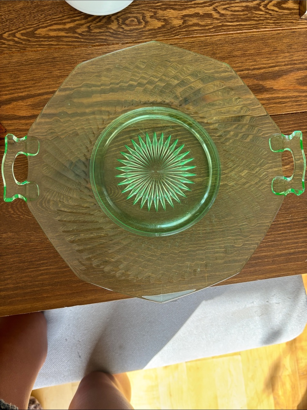 Vintage Green Glass Serving Tray with Handles